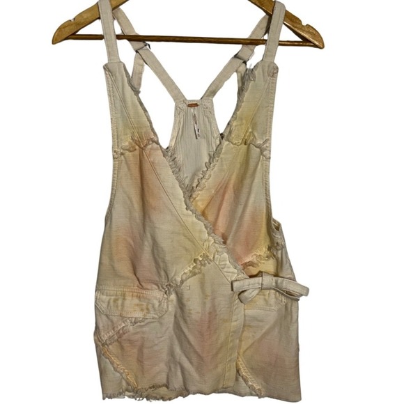 Free People Patchwork Overall Mini Dress XS Ivory Raw Hem Adjustable Straps - Picture 1 of 6